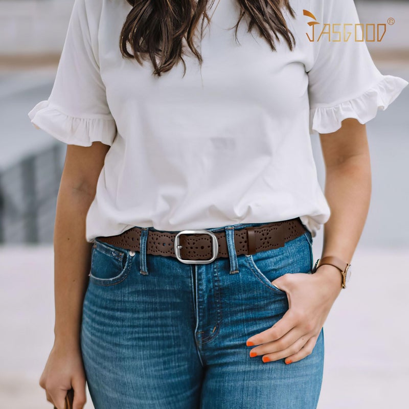 JASGOOD Women's Hollow Flower Genuine Leather Belt for Jeans Pants Wide Belt for Ladies - Image 3